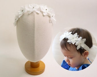 White Baby Girl Headband Floral, Elastic Flower Headband for Baby Baptism, Christening, Toddler, Infant Newborn Photo Shoot, Baby Gift