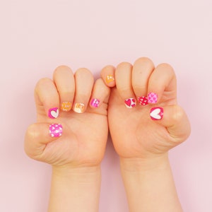 Nail Wraps for Kids | 30 Nail Stickers with Nail File | Birthday Party Favors | Kids Mani Safe & Long-Lasting | Ribbon + Heart | 3-6 yo