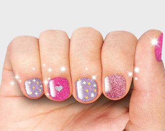 Nail Wraps for Kids | 30 Nail Stickers with Nail File | Birthday Party Favors | Kids Mani Safe & Long-Lasting | Glitter Pink Love | 6+ yo