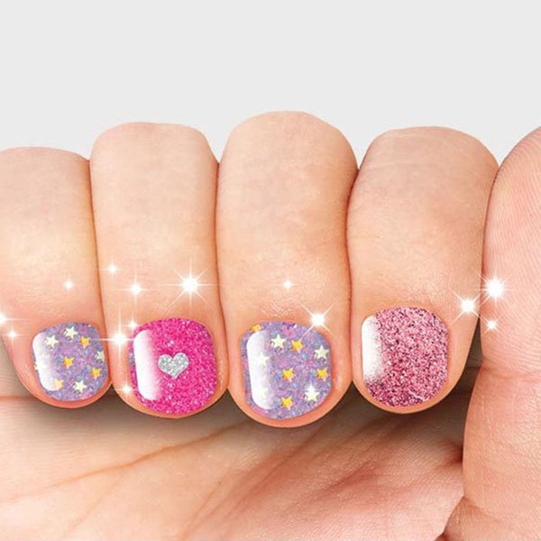 Nail Wraps for Kids | 30 Nail Stickers with Nail File | Birthday Party Favors | Kids Mani Safe & Long-Lasting | Glitter Pink Love | 6+ yo