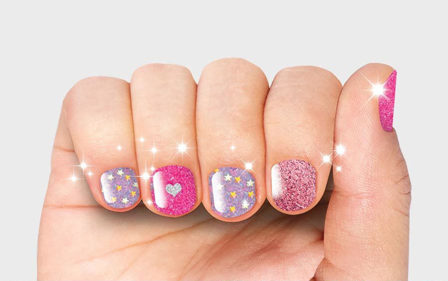 Nail Wraps for Kids | 30 Nail Stickers with Nail File | Birthday Party Favors | Kids Mani Safe & Long-Lasting | Glitter Pink Love | 6+ yo