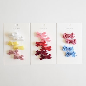 Mini Bow Hair Clip Set of 4, Baby Girl Hair Clips, Tiny Bow Snap Clip for Toddler, Pink, White, Checkered Ribbon, No Slip Fringe Hair Clip