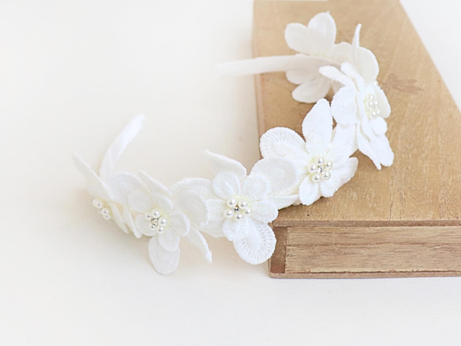 White Embroidered Flower Headband for Girls With Pearl and Gem, Flower ...