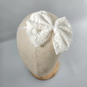 White Lace Bow Headband for Baby, Cute Headband for Baby Baptism Christening, Toddler, Flower Girl Bow Headband, Boho White Lace Headpiece