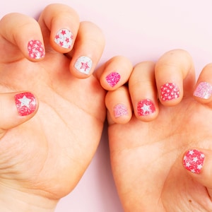 Glitter Pink Nail Wraps for Kids | 30 Nail Stickers with Nail File | Birthday Party Favors | Kids Mani Safe & Long-Lasting | 3-6 yo