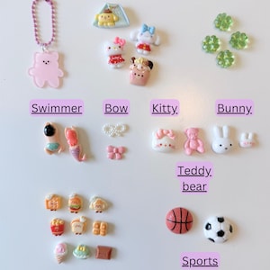Op de afbeelding: Een verzameling kleine decoratieve bedels, waaronder een roze berensleutelhanger, Sanrio-personages, groene klavertjes, zwemmers, strikjes, kat- en konijnfiguren, miniatuurvoedsel en sportballen, allemaal gelabeld met tekstcategorie&euml;n.