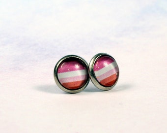 Lesbian Pride Flag Earring Studs ~ Handmade Stainless Steel LGBT Glass 8mm Earrings