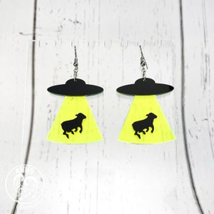 UFO Cow Abduction Earring ~ Alien Abduction Dangle Earring ~ Space Alien Earrings ~ Funny vibes acrylic earring ~ UV Glow