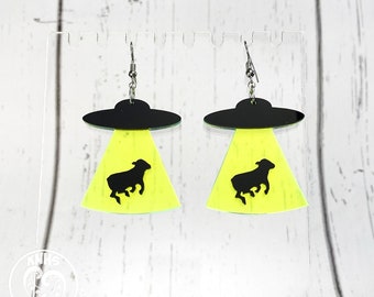 UFO Cow Abduction Earring ~ Alien Abduction Dangle Earring ~ Space Alien Earrings ~ Funny vibes acrylic earring ~ UV Glow