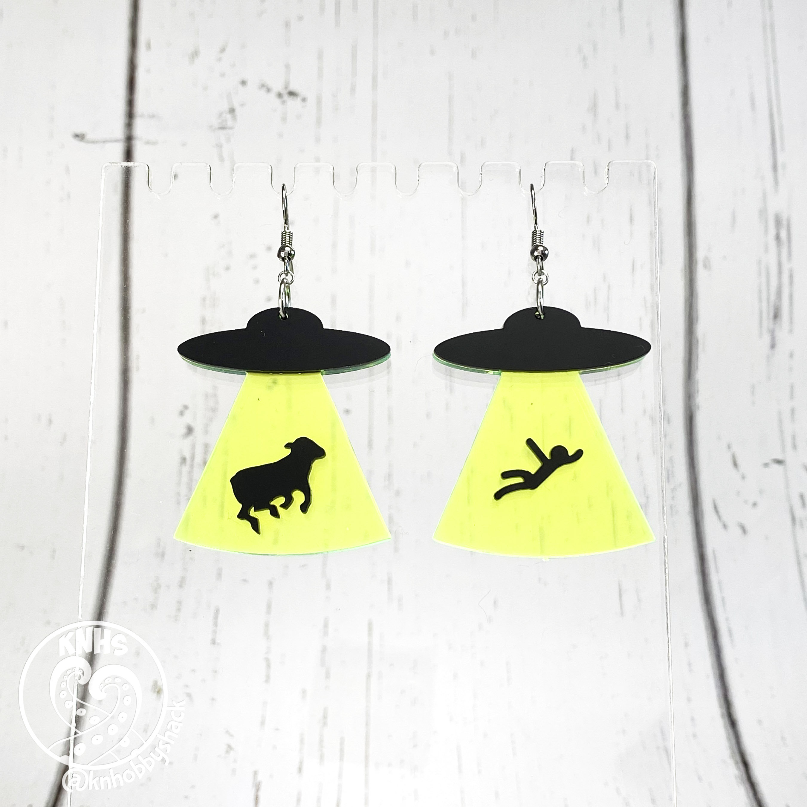 UFO Cow/Human Abduction Earring ~ Alien Abduction Dangle Earring ~ Space Alien Earrings ~ Nerdy vibes acrylic earring ~ UV Glow