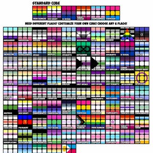May include: A colorful chart with a grid of 64 squares, each containing a different pride flag. The chart is titled "Pride Cube" and includes a section labeled "Standard Cube" with the flags for pride rainbow, non-binary, bi-sexual, sunset lesbian, transgender, and pansexual. The chart also includes a message that reads "Need different flags? Customize your own cube! Choose any 6 flags!"