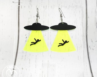 UFO Human Abduction Earring ~ Alien Abduction Dangle Earring ~ Space Alien Earrings ~ Funny vibes acrylic earring ~ UV Glow