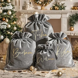 Personalized Christmas Santa bag, Velvet Christmas sack, Christmas Eve Box, Large Santa Sack with Name & Initial, Gray Christmas Party Bag