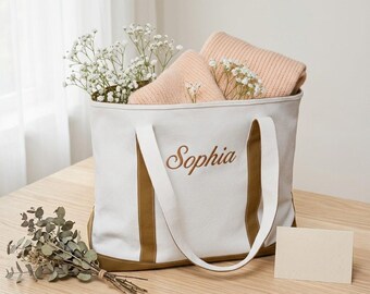 Personalisierte Canvas Tragetasche, Benutzerdefinierte LOGO Tote, Gestickte Name Reise Strandtasche, Brautjungfer Geschenke, Bachelorette Geschenke, Brautjungfer Vorschlag