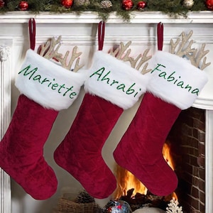 Christmas Stocking Velvet Personalized, Christmas Stocking Red Plush, Family Christmas Stockings, Xmas Stocking with Name, Monogram Stocking