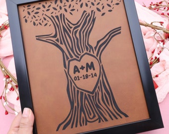 Personalized Leather Anniversary Frame: Engraved Tree Trunk, Initials & Date
