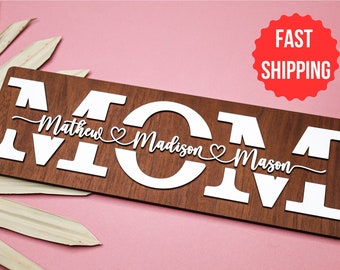 Letrero personalizado para mamá con los nombres de los niños: regalo de madera grabado con láser