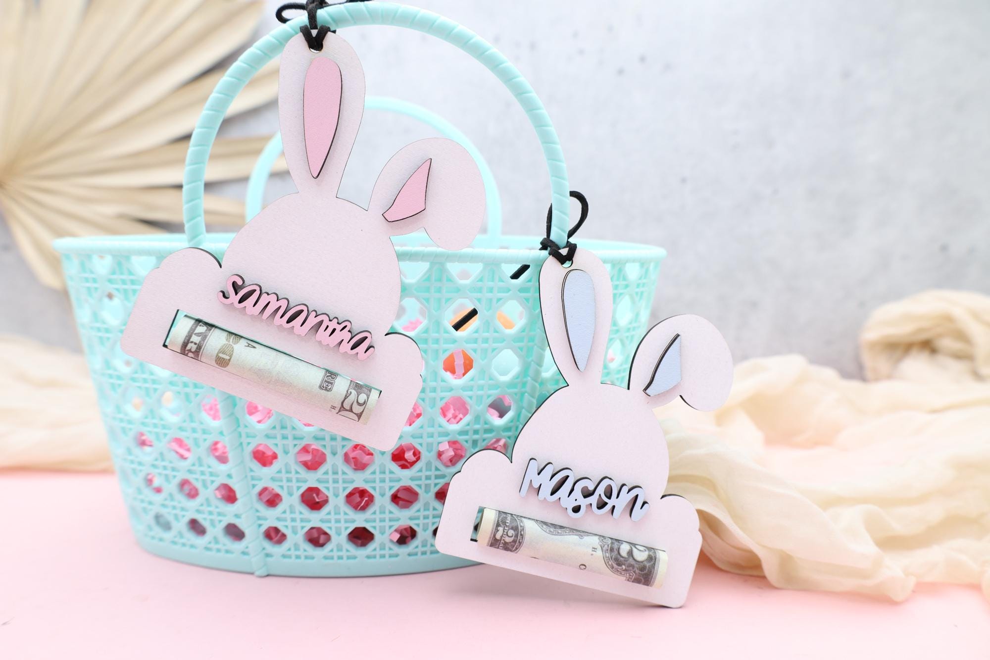 Custom Easter Bunny Money Holder, Personalized Easter Basket Tag, Gift for Kids