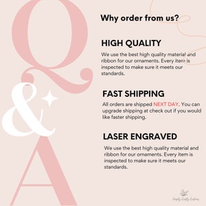 May include: A pink and white graphic with the text "Why order from us?" and the words "High Quality", "Fast Shipping", and "Laser Engraved" with descriptions of the quality and shipping of the products. The graphic also includes the text "Simply Crafly Customs".