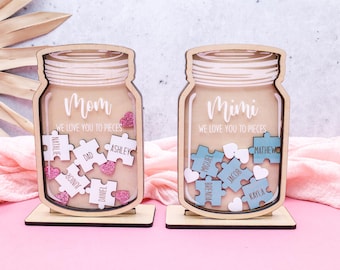 Personalized Mom Puzzle Sign: Wooden Mason Jar Gift