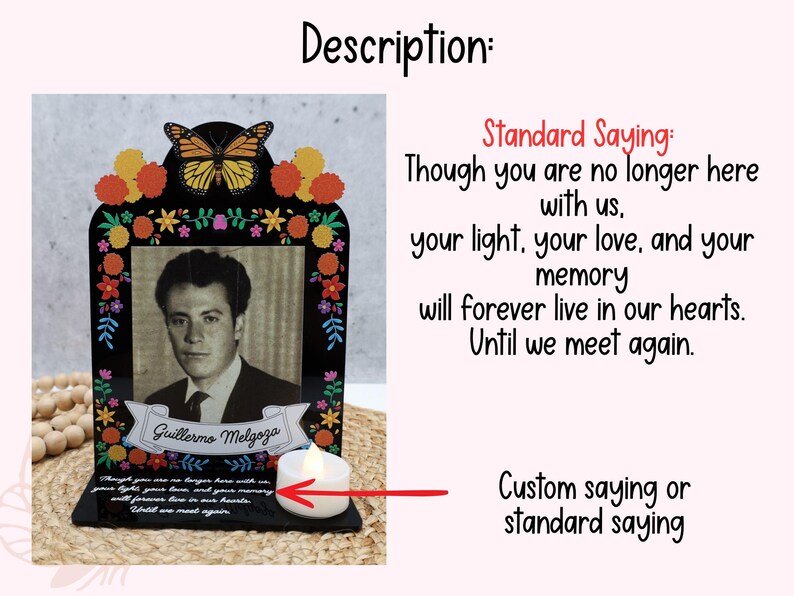 May include: A black memorial plaque featuring a monarch butterfly, colorful floral accents, and a central photograph of a man. A white banner displays the name Guillermo Melgoza, and the base includes the text: Though you are no longer here with us, your light, your love, and your memory will forever live in our hearts. Until we meet again. A small white tea light candle sits on the base.