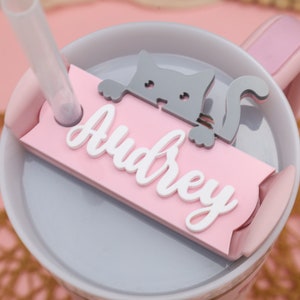 May include: A pink and gray travel mug with a straw, a pink name tag with the name "Audrey" in white lettering, and a gray cat cutout.