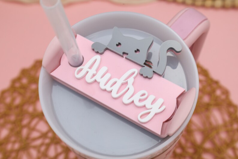 May include: A pink and gray travel mug with a straw, a pink name tag with the name "Audrey" in white lettering, and a gray cat cutout.
