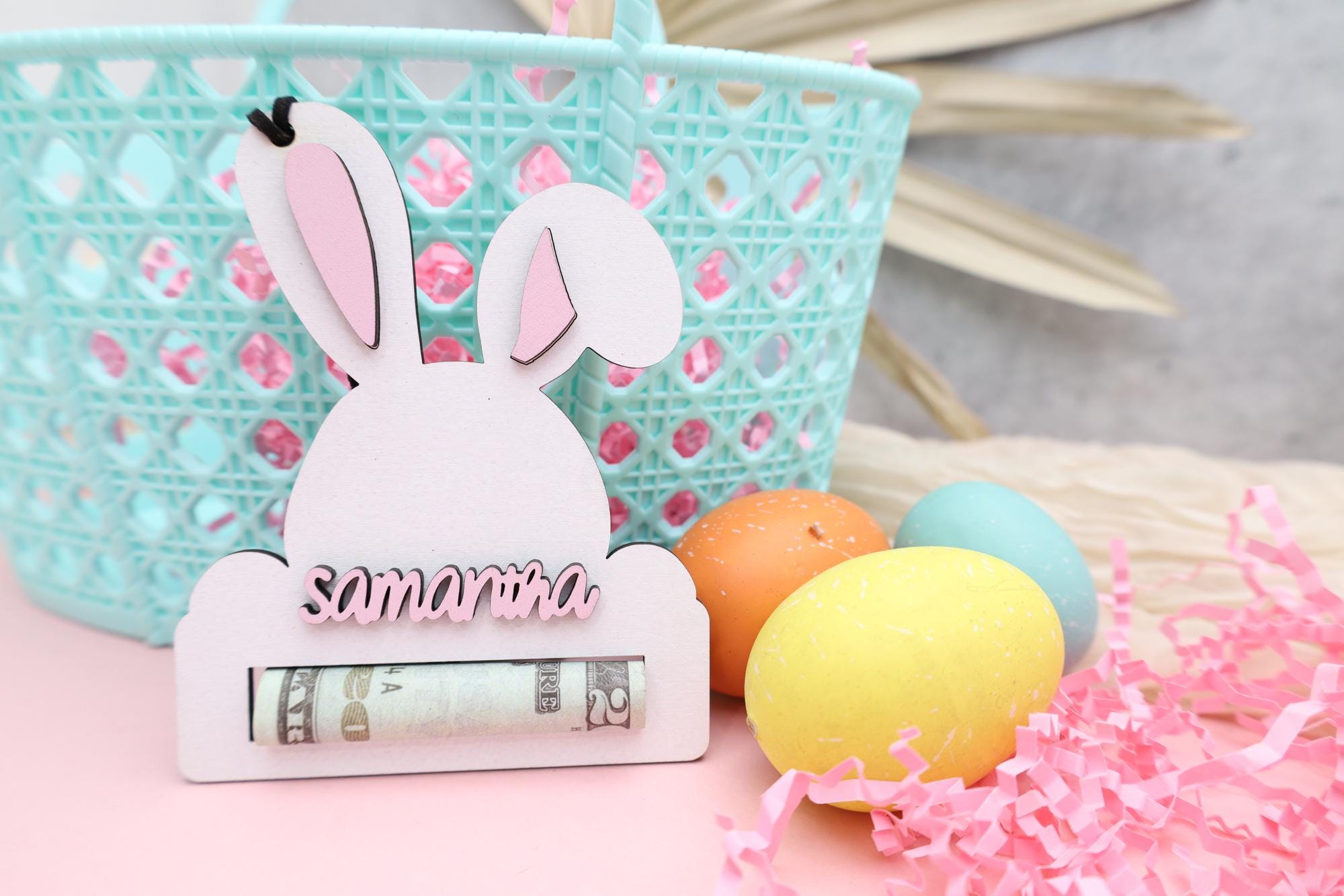 Custom Easter Bunny Money Holder, Personalized Easter Basket Tag, Gift for Kids