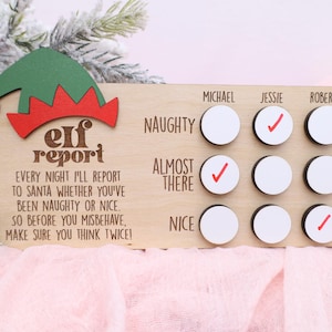 May include: A wooden elf report chart with a green and red elf hat on top. The chart has three columns labeled "Michael", "Jessie", and "Robert". Each column has three rows labeled "Naughty", "Almost There", and "Nice". Each row has a circle with a checkmark in it to indicate whether the person has been naughty or nice.