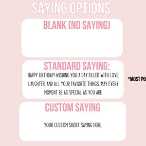 Puede incluir: Un gr&aacute;fico rosa y blanco con tres opciones para un mensaje de tarjeta de cumplea&ntilde;os: "En blanco (Sin mensaje)", "Mensaje est&aacute;ndar: &iexcl;Feliz cumplea&ntilde;os! Te deseo un d&iacute;a lleno de amor, risas y todas tus cosas favoritas. Que cada momento sea tan especial como t&uacute;." (marcado como *M&aacute;s popular*), y "Mensaje personalizado: Tu mensaje corto personalizado aqu&iacute;."
