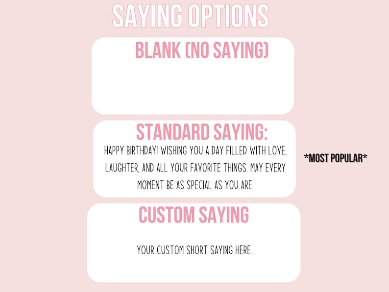 Puede incluir: Un gr&aacute;fico rosa y blanco con tres opciones para un mensaje de tarjeta de cumplea&ntilde;os: "En blanco (Sin mensaje)", "Mensaje est&aacute;ndar: &iexcl;Feliz cumplea&ntilde;os! Te deseo un d&iacute;a lleno de amor, risas y todas tus cosas favoritas. Que cada momento sea tan especial como t&uacute;." (marcado como *M&aacute;s popular*), y "Mensaje personalizado: Tu mensaje corto personalizado aqu&iacute;."