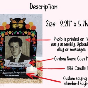May include: A black memorial plaque measuring 8.2 inches high by 5.7 inches wide, featuring a monarch butterfly, colorful floral accents, a central black and white portrait, a banner with the name Guillermo Melgoza, and a white LED candle.
