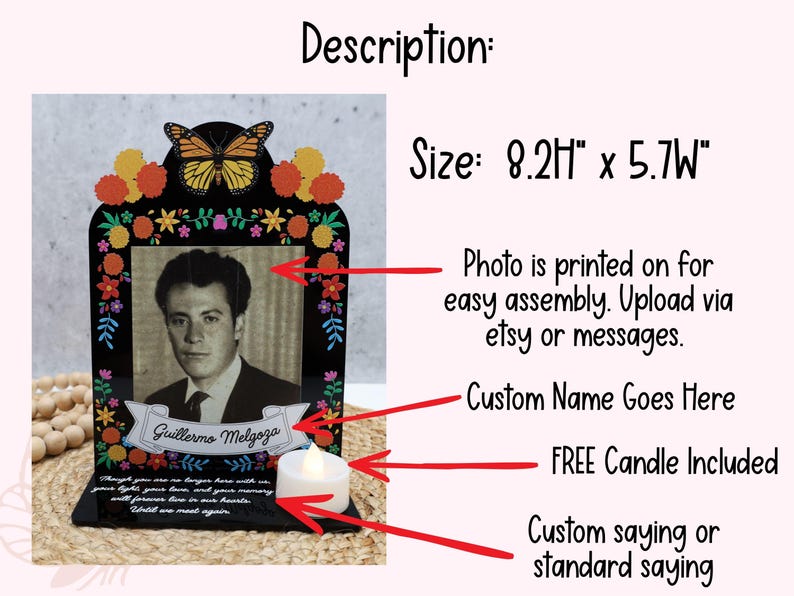 May include: A black memorial plaque measuring 8.2 inches high by 5.7 inches wide, featuring a monarch butterfly, colorful floral accents, a central black and white portrait, a banner with the name Guillermo Melgoza, and a white LED candle.