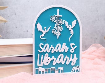 Fantasy Library Sign: Dragon Book Nook Decor, Personalized Reading Room Plaque
