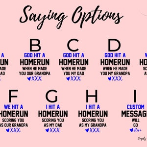 May include: A pink background with nine different options for a personalized baseball-themed sign. Each option features a different saying about hitting a homerun, with the text "God Hit a Homerun" or "We Hit a Homerun" and a heart symbol. The options are labeled with letters A through I.