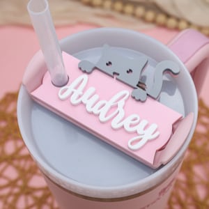 May include: Pink and gray personalized tumbler with a cat design and the name "Audrey" on a pink name tag.