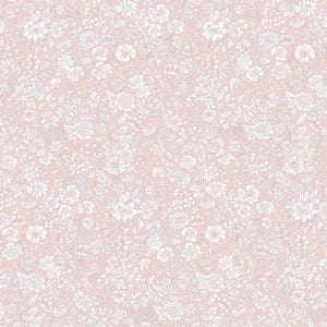 May include: A seamless pattern featuring a delicate floral design. White flowers and foliage are densely arranged against a soft pink background. The pattern is suitable for fabric, wallpaper, or other decorative applications.