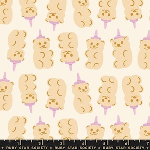 May include: Cream-colored fabric with a repeating pattern of light brown bear-shaped figures with purple hats and cones. The bears are arranged in various orientations. The text "RUBY STAR SOCIETY" is at the bottom.