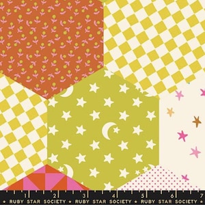 May include: A patchwork fabric design featuring various geometric patterns. Hexagons display floral, checkered, and celestial motifs in orange, yellow, and green. Pink and white accents add contrast. The text "RUBY STAR SOCIETY" is at the bottom.