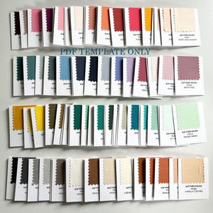 Peut inclure: Une collection d'échantillons de tissus de différentes couleurs, notamment des roses, des bleus, des verts et des jaunes. Chaque échantillon est étiqueté avec le nom du tissu et le code couleur. Le texte "PDF TEMPLATE ONLY" est imprimé au centre.