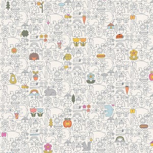 May include: A whimsical pattern featuring a repeating design of outlined animals, plants, and objects in a playful style. The design includes bears, squirrels, apples, rainbows, and flowers, with pops of color on a cream background. The overall theme is nature and childhood.