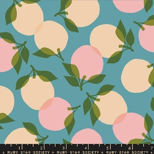 May include: A fabric pattern featuring overlapping circles in peach and pink, with green leaf sprigs, set against a teal background. The text "RUBY STAR SOCIETY" is printed along the bottom edge.