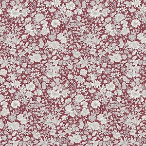 May include: A fabric pattern featuring a dense, repeating botanical design of white line-art flowers, leaves, and stems set against a solid deep burgundy red background. The intricate floral illustration covers the entire surface uniformly.