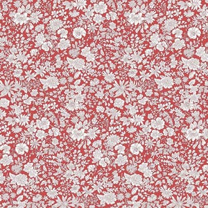 May include: A fabric pattern featuring a dense, repeating design of white line-drawn flowers, leaves, and botanical elements set against a solid, vibrant red background. The intricate floral illustrations cover the entire surface uniformly.