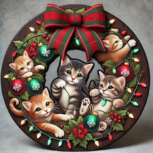 Christmas Cat Lover Wreath, 3D Wooden Kitten Holiday Decor, Festive Door Wreath with Playful Cats,  Pet Lover Christmas Gift