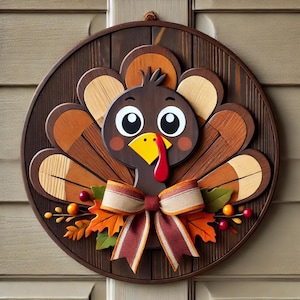 Corona de puerta con pavo de Acción de Gracias / Decoración rústica de otoño en madera de nogal oscuro / Letrero para puerta con cara de pavo otoñal con lazo / Arte de puerta de temporada