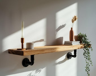 Handmade Extra Long Rustic Floating Shelf, Farmhouse Kitchen Shelf w/ Pipe Brackets, Open Pantry Storage & Organization