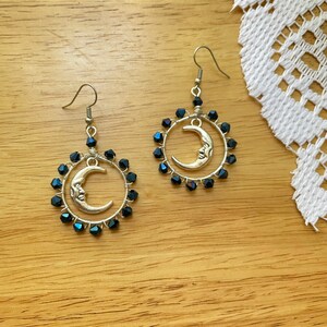 Celestial Moon Hoop Earrings, Wire Wrapped Hoops, Jewelry Gifts, Moon Charm Hoops