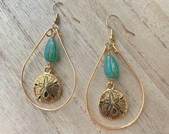 Gold Teardrop Hoop Earrings, Sand Dollar Charm, Turquoise Czech Glass