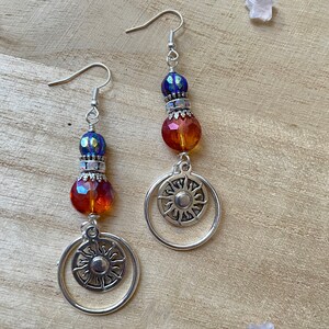 Sun Dangle Hoop Earrings, Celestial Sun Moon Jewelry, Orange and Purple, Jewelry Gifts, Gifts Under 30